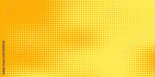 Yellow orange halftone pattern. Retro comic gradient background. Square pixilated dot cartoon texture. Pop art faded gradient pattern. Vector backdrop.