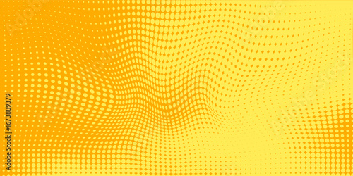 Yellow orange halftone pattern. Retro comic gradient background. Square pixilated dot cartoon texture. Pop art faded gradient pattern. Vector backdrop.