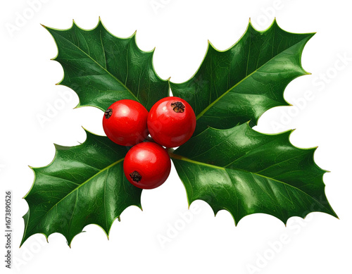 Classic Holly Berry Sprig with Green Leaves and Red Berries, 3D Render, Isolated