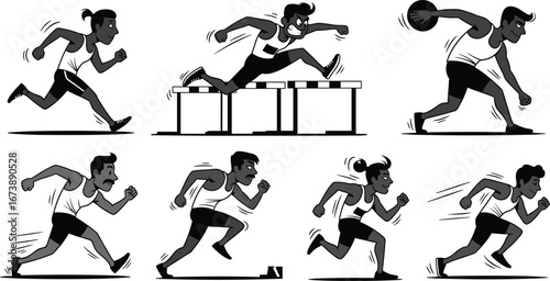 Athletic sports silhouettes, running, sprinting, hurdling, shot put, track and field events, dynamic movement, fitness icons, cartoon style, vector art