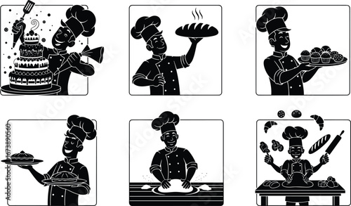 Baker cartoon silhouette, chef baking bread and cakes, pastry making illustration, cooking fun, bakery vector art, dessert preparation clipart
