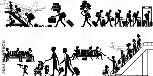 Black and white airport travel scenes, passengers boarding, security check, waiting area, family travel, luggage, airplane boarding, disembarking, air travel illustration