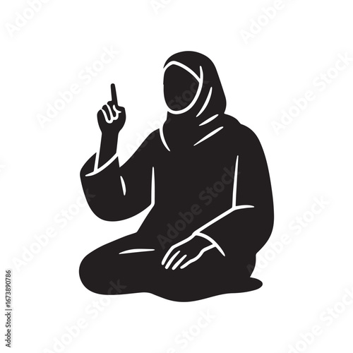 A Muslim silhouette with hands on knees and raised right index finger Tashahhud. 