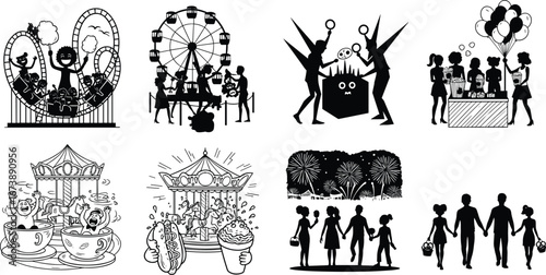 Amusement park fun with family, roller coaster, ferris wheel, carnival food, fireworks, and kids enjoying entertainment attractions and rides