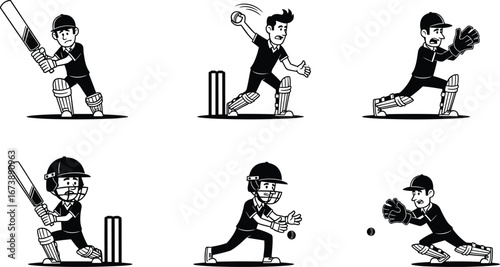 Black cricket player silhouettes in batting, bowling, wicketkeeping, fielding poses, sport action scenes, game illustration set for athletic concepts