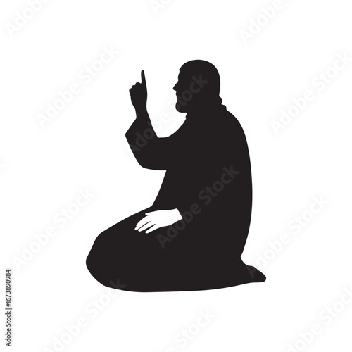 A Muslim silhouette with hands on knees and raised right index finger Tashahhud. 