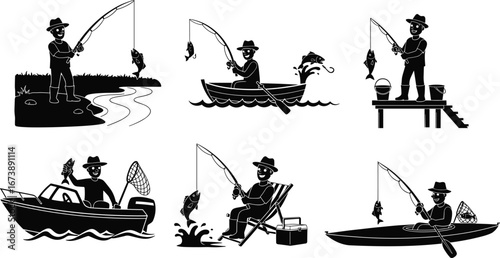 Black fishing man silhouettes in river, lake, dock, boat, kayak scenes with rod, catch, leisure, sport, outdoor recreation illustration set
