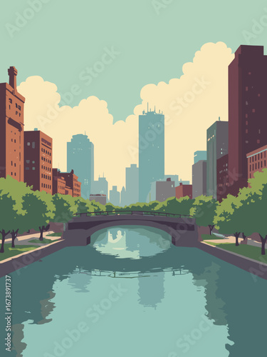 Grand Rapids, MI – riverfront with public art and brewery façades, palette: craft amber, river gray, brick, forest green