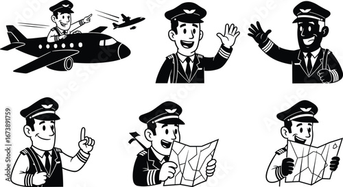Black pilot cartoon silhouettes in cockpit, waving, giving instructions, reading map, aviation poses, flight crew illustration set for travel concepts