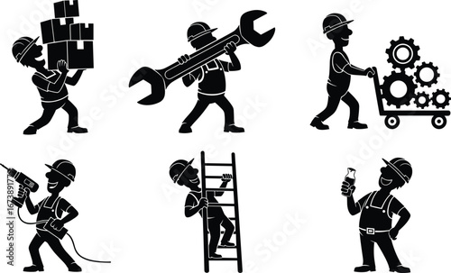 Black silhouette construction worker illustration, industrial labor, tools, hard hats, gears, ladder, drilling, heavy lifting, mechanical work, vector art design
