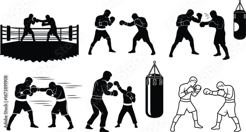 Boxing scenes in black and white cartoon style illustrations, sparring, punching, defending, boxing ring, training, competition, athletic sports art for stock