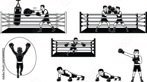 Boxing training and match scenes, boxer workout, sparring in ring, punching bag drills, fitness and competition sports illustrations