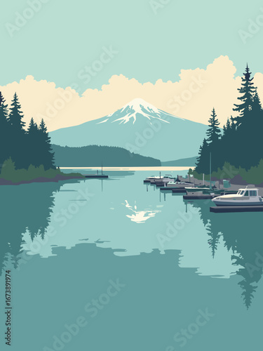 Vancouver, WA – Columbia River shoreline with docks and distant peak, palette: river teal, dock gray, peak white, pine