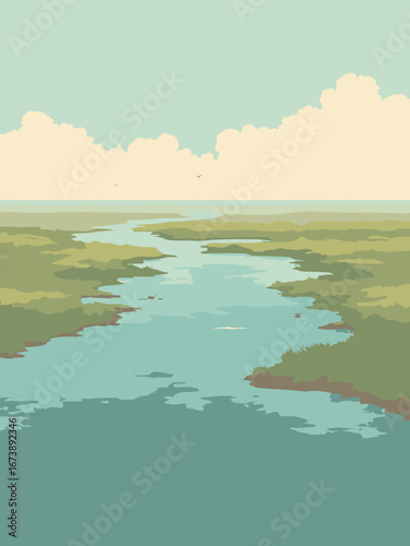 Brownsville, TX – Rio Grande delta with tidal flats and bird islands, palette: mud tan, estuary teal, marsh green, sky pearl