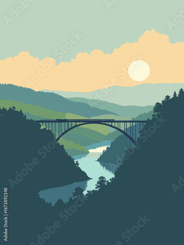 Chattanooga, TN – Lookout Mountain panorama with river S-bend and trestle, palette: bluff gray, river teal, forest green, dawn gold