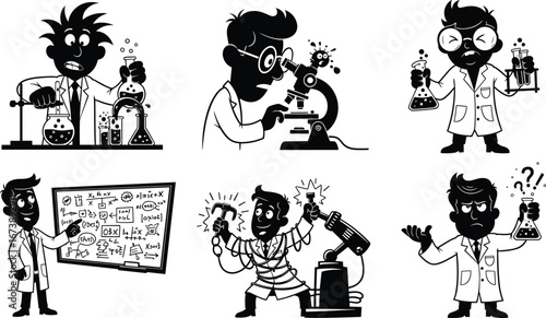 Cartoon scientists in lab doing experiments, chemistry research, laboratory analysis, funny science characters, scientific discovery concept, educational science illustrations