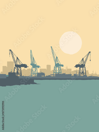 Newport News, VA – shipyard cranes and harbor channel with peninsula silhouette, palette: crane yellow, harbor teal, steel gray, sand