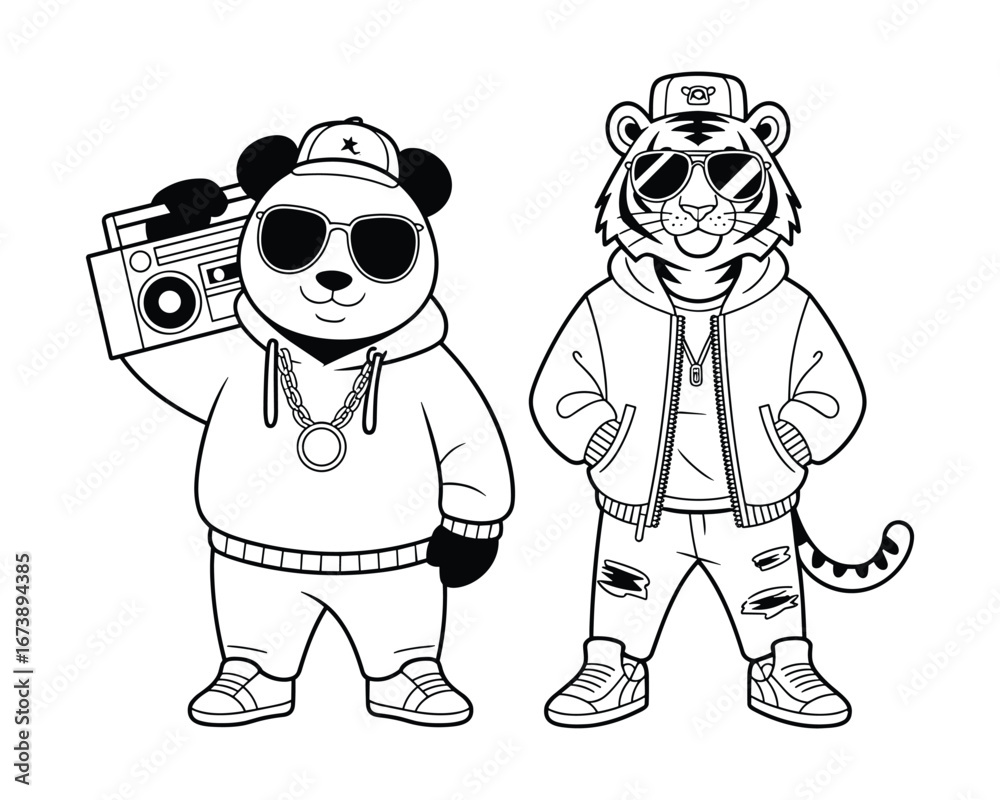 Naklejka premium Cartoon Panda and Tiger with Boombox and Ripped Jeans friends music