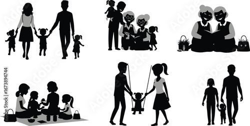 Family silhouettes multi‑generation activities, walking, reading, picnic, helping children walk, black white vector, bonding, caregiving, outdoor lifestyle, happy moments art