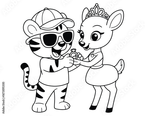 Cute Tiger Proposing to Baby Deer with Ring fawn proposal