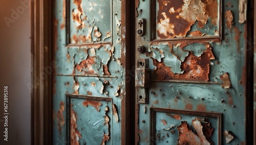 Rusty with peeling paint on old doors.