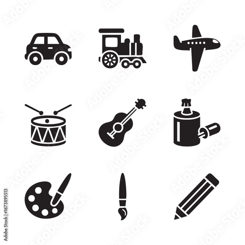 A captivating collection of iconic playtime objects, creative art supplies, and musical instruments for various recreational activities