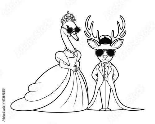Elegant Swan Princess and Dapper Deer Gentleman in Sunglasses king