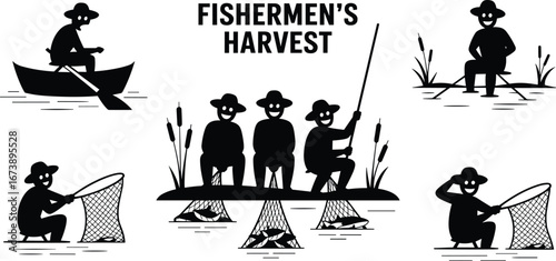 Fishermen harvesting fish, rowing boat, fishing with nets, sitting and standing, relaxing by water, traditional fishing, outdoor activity, lake, river