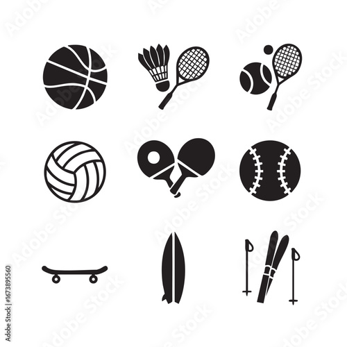 Vector graphic set of monochrome sports equipment icons for various athletic activities