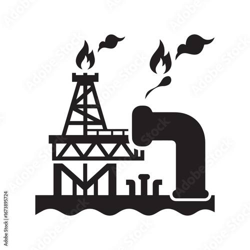 Black vector oil rig logo with drilling platform, ground pipes, and flaming torch emitting smoke on white background.
