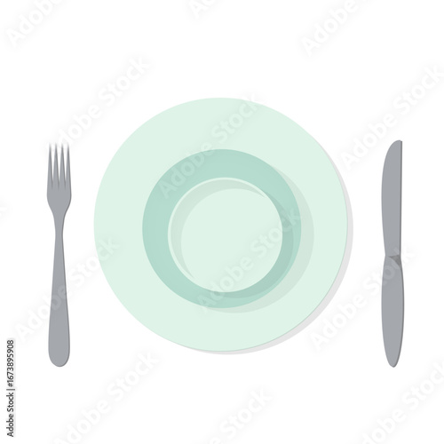 Item with restaurant utensils set kitchen for food knife fork and plate flat design without background
