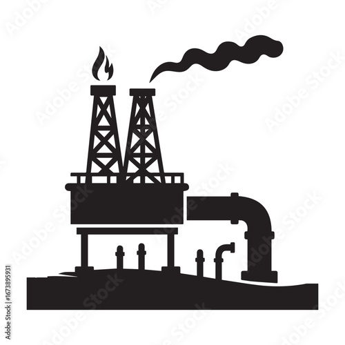 Black vector oil rig logo with drilling platform, ground pipes, and flaming torch emitting smoke on white background.
