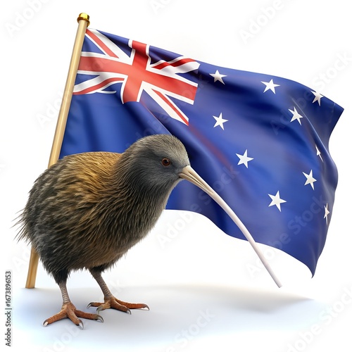 Kiwi bird with New Zealand flag on white background