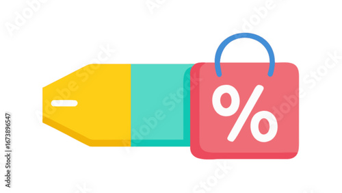 Colorful sale tag with shopping bag and percentage sign for online shopping, retail promotions, and special discount offers