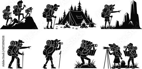 Hiking and camping adventure, backpackers exploring nature trails, using maps and binoculars, outdoor journey, wilderness exploration, mountain trekking, campfire
