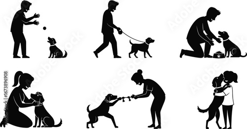 People interacting with dogs, training pets, walking dogs, feeding, playing, bonding moments, pet care, animal love, domestic companionship scenes