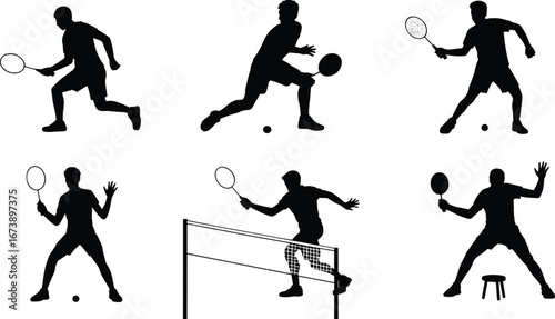 Silhouette illustrations of racket sports players in action, playing badminton, table tennis, and tennis with competitive and athletic movements