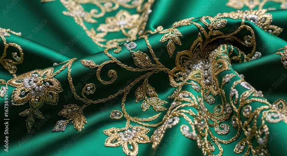 Obraz premium Luxurious Emerald Green Fabric with Intricate Gold Embroidery and Beads