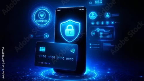 Mobile Phone with Security Lock and Credit Card, Digital Banking, Online Protection, and Payment Technology.