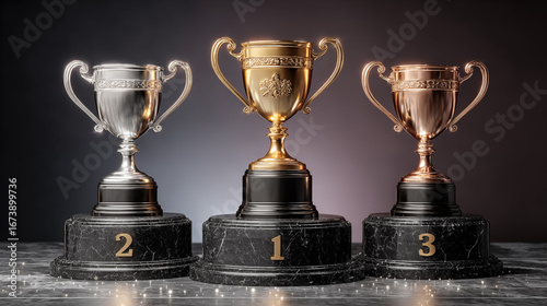 Set of three golden trophies displayed on podium steps labeled 1, 2, and 3, representing first, second, and third place winners in silver, gold and bronze accents respectively