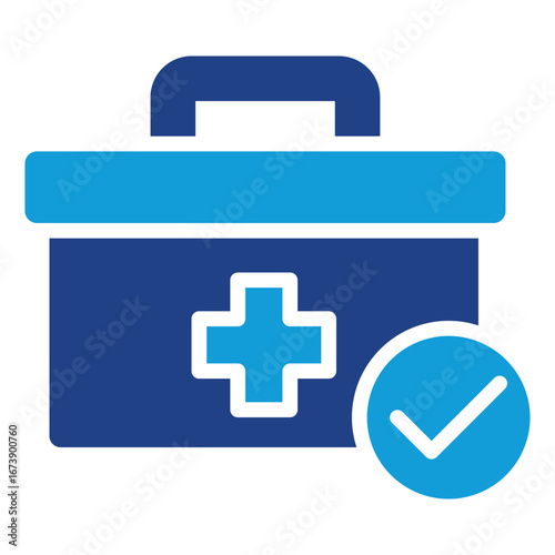 Medical Supplies Glyph Blue Silhouette Icon Design Vector - First aid kit with check mark, representing reliable medical supply stockpiling