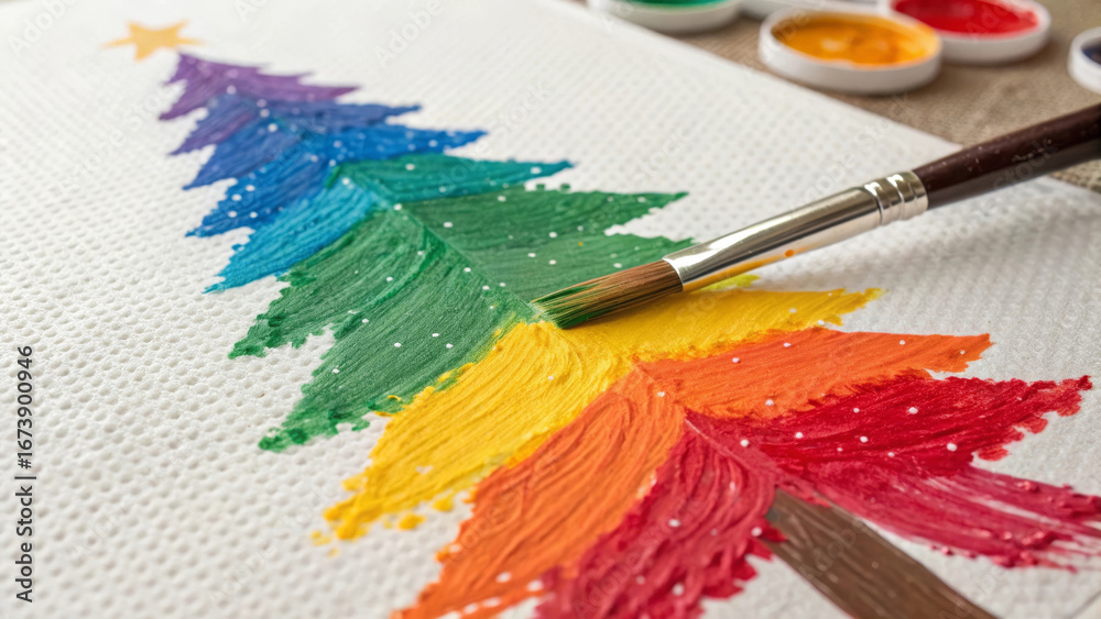 Obraz premium Rainbow Christmas Tree Painting on Canvas with Acrylics