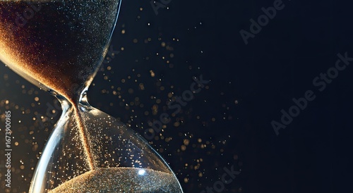 A close-up view of an hourglass, showcasing the golden-brown sand flowing downward, against a dark background with particles of light.