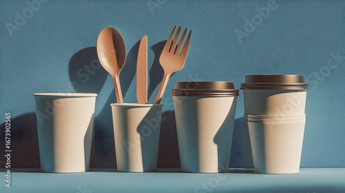 Artistic digital illustration showcasing sleek disposable takeaway tableware with modern utensils and cups, enhanced by minimalistic shadows in an urban fastfood ambiance
