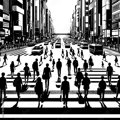 Black and White Vector Silhouette of a City Crosswalk Full of People