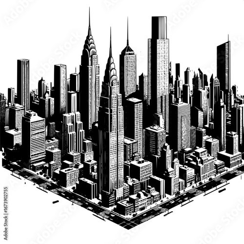 Black and White Vector Silhouette of Skyscrapers and Tall Buildings in a Busy City