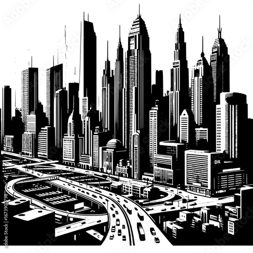 Black and White Vector Silhouette of Skyscrapers and Tall Buildings in a Busy City