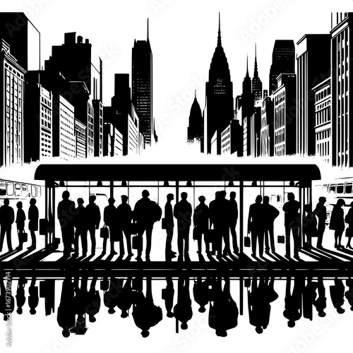 Black and White Vector Silhouette of a City Bus Stop with Passengers