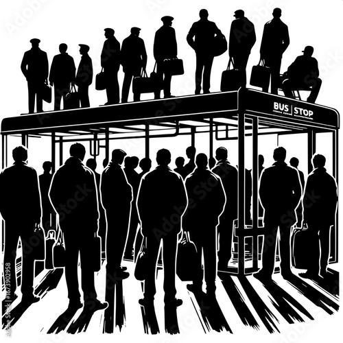 Black and White Vector Silhouette of a City Bus Stop with Passengers