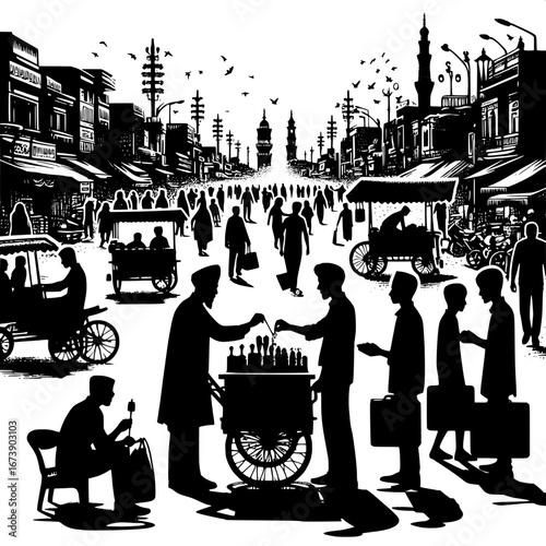Black and White Vector Silhouette of Street Vendors in a Busy City